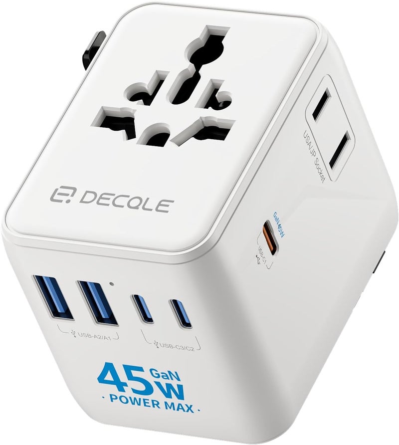 D DECQLE Universal Travel Adapter, International Travel Plug Adapter with 3 USB-C ＆ 2 USB-A Ports 45W, All in One Portable Socket, for USA, UK, EU, AU ＆ 224+ Countries (White) - Image 1